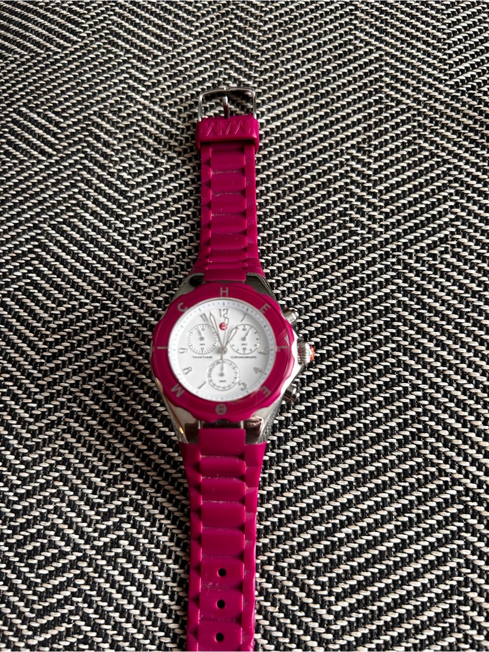 Berry Pink Michele Silicone Strap Watch with White Dial